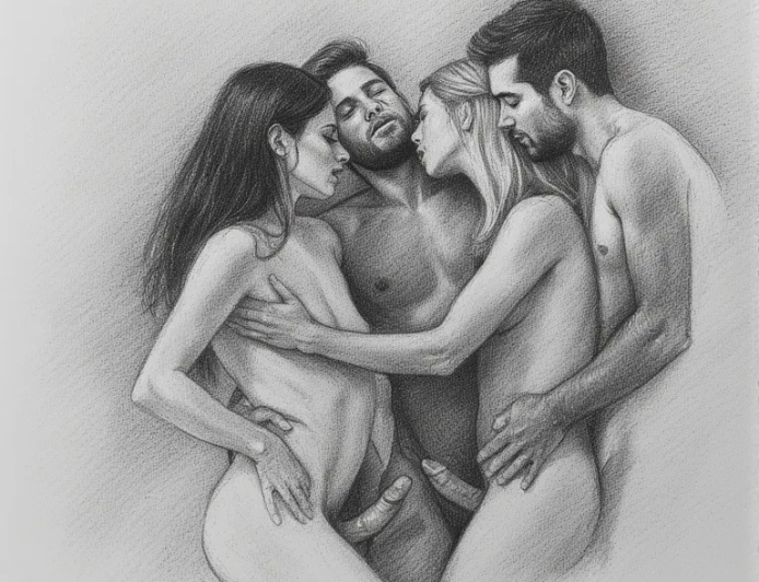 एक पत्नी को दूसरे से बदलने के बाद सेक्स का आनंद लिया जा रहा है।